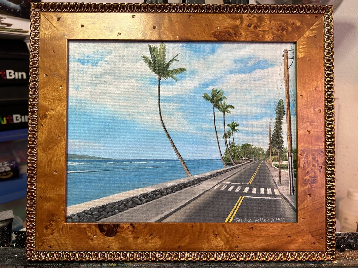 Finished!  This is #5 of my Somewhere Along the Way series. I think this frame works well. Acrylic on an 8“ x 10” canvas. ￼