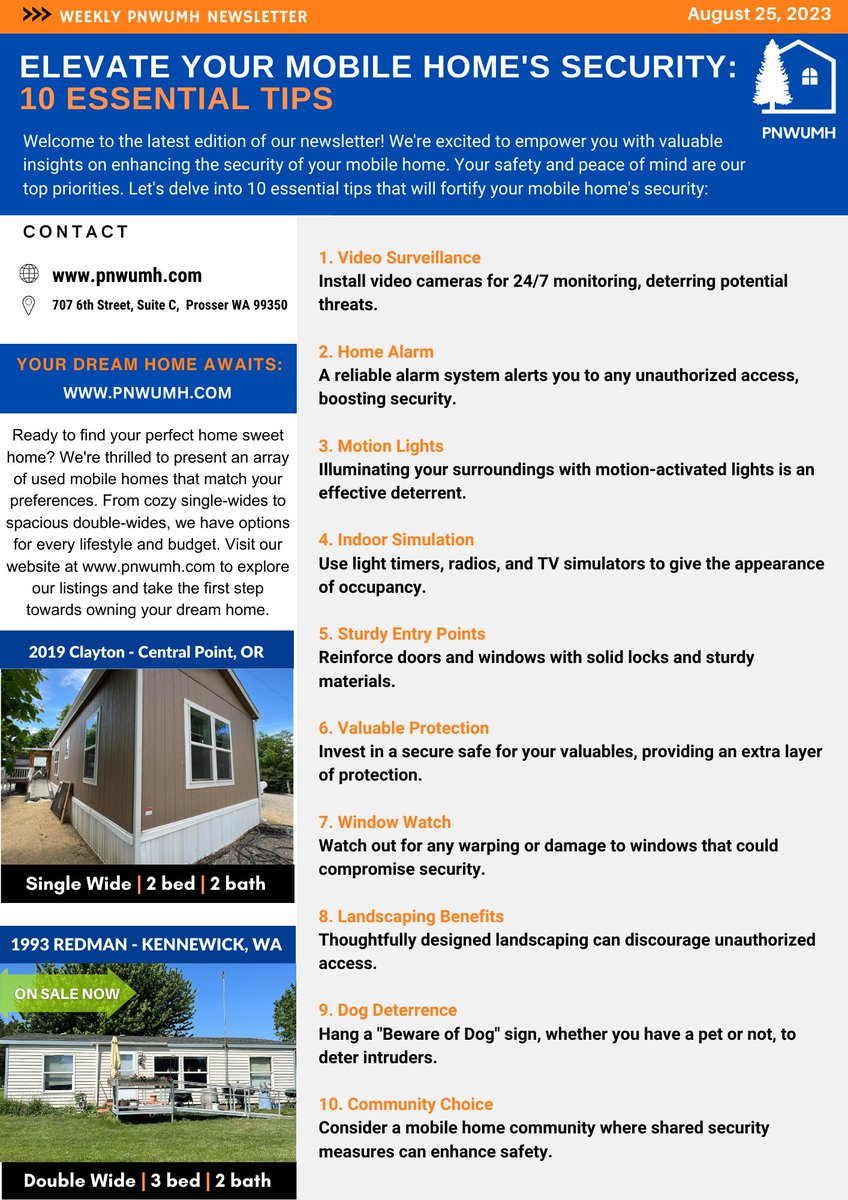 Welcome to the latest edition of our newsletter! We're excited to empower you with valuable insights on enhancing the security of your mobile home. 

Read More: shorturl.at/JSUV

Visit: pnwumh.com
Call: 509-852-3064

#MobileHomeLivingTips #PNWlifestyle