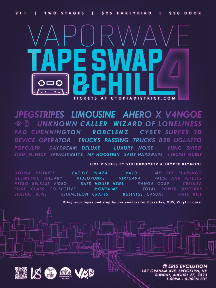 UtopiaDistrict's tweet photo. Tomorrow at 1pm ET, join us for the 4th Tape Swap &amp; Chill party at Eris Evolution in Brooklyn! ✨

Community Dinner: 7pm @ Spritzenhaus33
33 Nassau Ave
https://t.co/ph7OoPnWEH
https://t.co/0TAtVLow5b

Community Sunset Photo: 9pm @ Bushwick Inlet Park
https://t.co/Dblyfs1ICy https://t.co/jietckqVkH