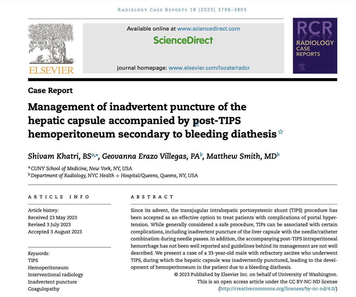 A very interesting case on TIPs management written by the Radiology team at Queens Hospital. Thank you to Dr. Matthew Smith and Geovanna for giving me a chance to work on this project. Hope you all enjoy it! 

sciencedirect.com/science/articl…
