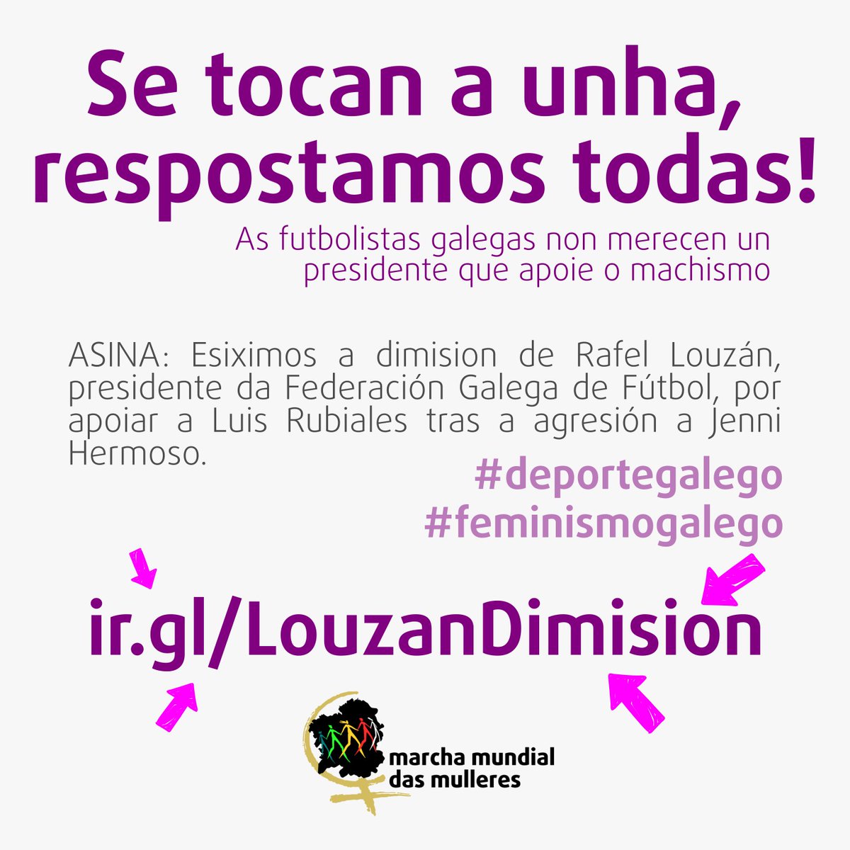 MMMGaliza's tweet photo. 🟣✊📢 A Marcha Mundial das Mulleres inicia unha recollida de sinaturas para esixir a dimisión de Rafael Louzán, presidente da Federación Galega de Fútbol. 

ASINA: https://t.co/c0cuki6A52 https://t.co/kwtIx85jRs
