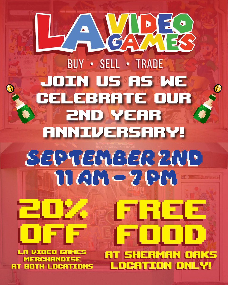 LAVideoGames1's tweet photo. 🎉TWO YEAR ANNIVERSARY SALE🎉
Come join us this Saturday 9/02 for our TWO year anniversary sale at LA Video Games!! We will be having 20% off all of the LA Video Games merchandise AT BOTH LOCATIONS, as well as free food at the SHERMAN OAKS LOCATION!
#LAVideoGames #sale #games https://t.co/nW0rvqgfOp