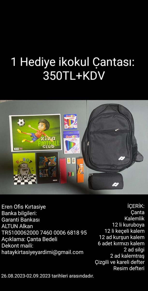 Hatay'daki öğrencilerimize gönüllü olarak Çanta+ Kırtasiye seti hazırlatıyoruz. Tamamen bireysel gönüllükle ilerlenecek bu yardıma siz de katılın.
Bol bol RT lütfen✨🚀💫🌺
Herkese teşekkürler. ✨🧡
#DepremiUnutmaUnutturma
#HATAY #İSKENDERUN #DEPREM
#DEPREMYardım