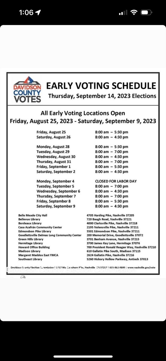 mpchalos's tweet photo. #Nashville: Early voting 🗳️ for mayor and at-large council seats has started. Polls are open today. 🇺🇸 #Vote https://t.co/iF9v3bC1aG