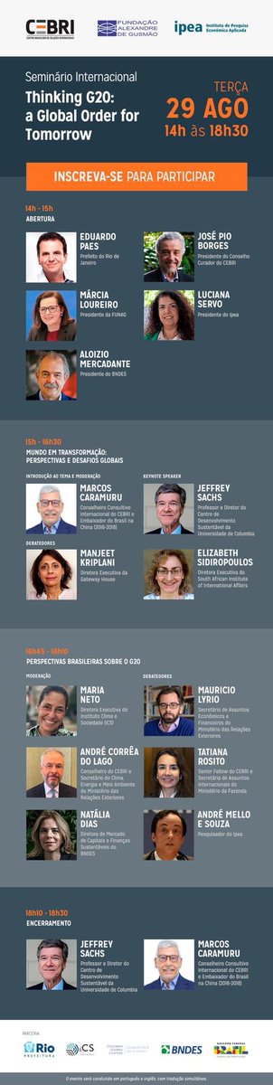 A_MelloeSouza's tweet photo. O CEBRI, a FUNAG e o Ipea, em parceria com a Prefeitura do Rio de Janeiro, o iCS, o Climate Hub | Rio e o BNDES convidam para a transmissão online do Seminário Internacional "Thinking G20: a Global Order for Tomorrow".

29 de agosto, terça-feira, das 14h às 18h30. https://t.co/lOj5lpzyKc