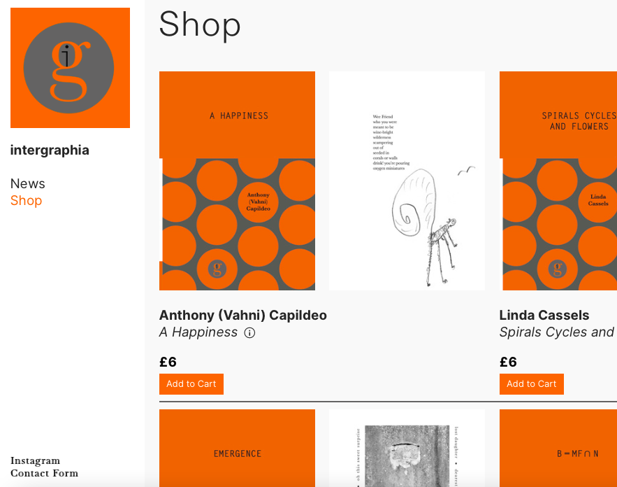 intergraphiabks's tweet photo. We did it! Our new website is up and running! You can once more buy our Series one pamphlets by authors and artists inc. @VCapildeo @maryfrancesness @kramawoodgin @Lesley_Cat Linda Cassels, Phil Waterworth, Helen Frank, &amp; Jan Hopkins! https://t.co/BFO5QQifCx https://t.co/6UjtBlpRmZ