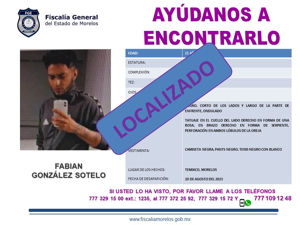 Fiscalia_Mor's tweet photo. Gracias por su colaboración, informamos que FABIAN GONZÁLEZ SOTELO ya se encuentra #LOCALIZADO 
#aMorelos https://t.co/Nn4S89TFHr