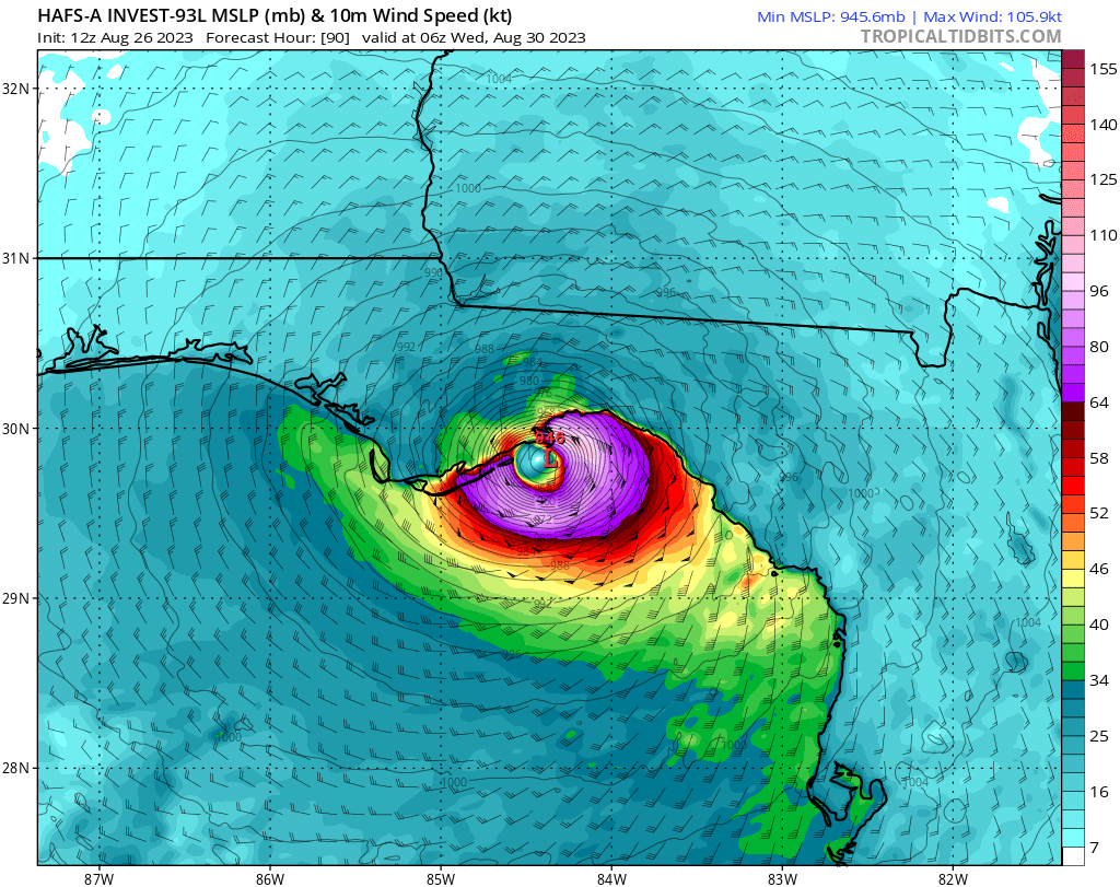 Jeff_Piotrowski's tweet photo. The 12Z Hurricane models now all have a major hurricane at landfall around midnight Tuesday night. The models are in the 930-945 MB range. #flwx #Idalia https://t.co/ekpIwFt4n1