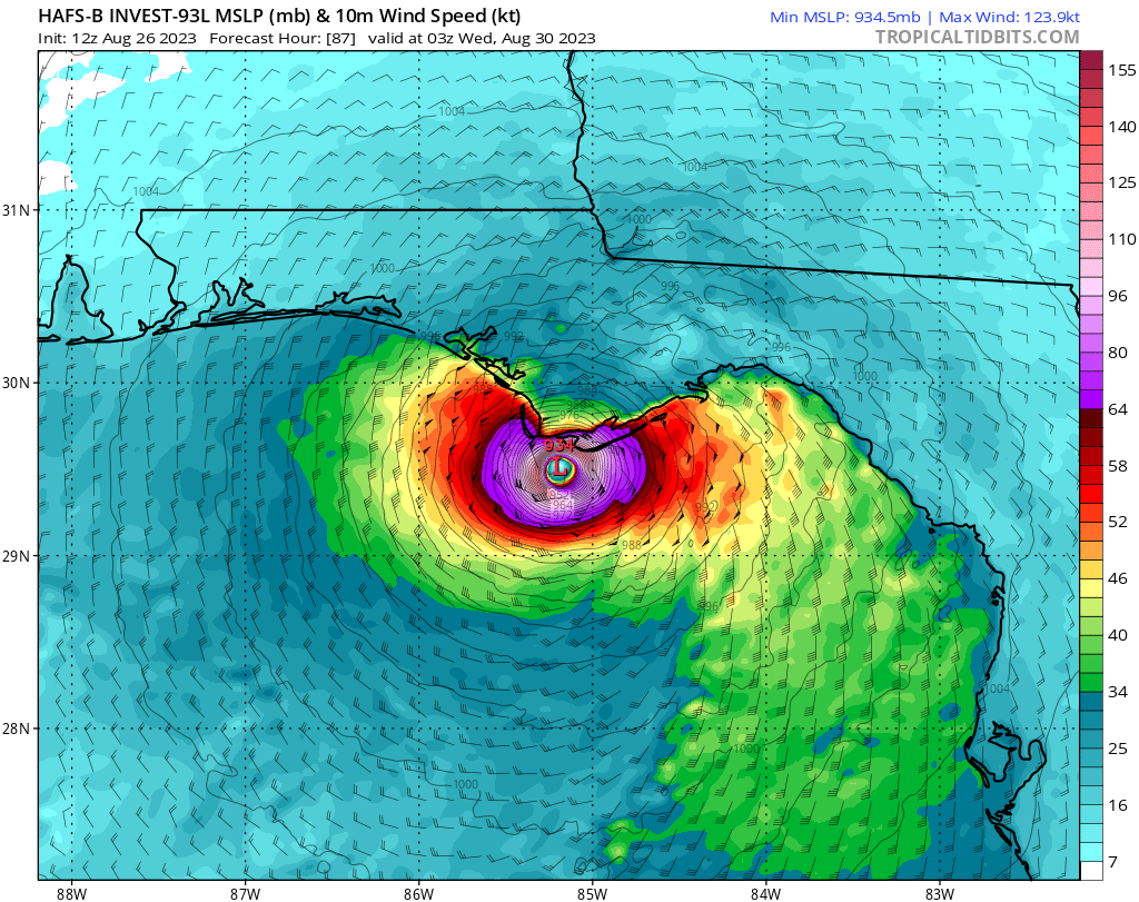 Jeff_Piotrowski's tweet photo. The 12Z Hurricane models now all have a major hurricane at landfall around midnight Tuesday night. The models are in the 930-945 MB range. #flwx #Idalia https://t.co/ekpIwFt4n1