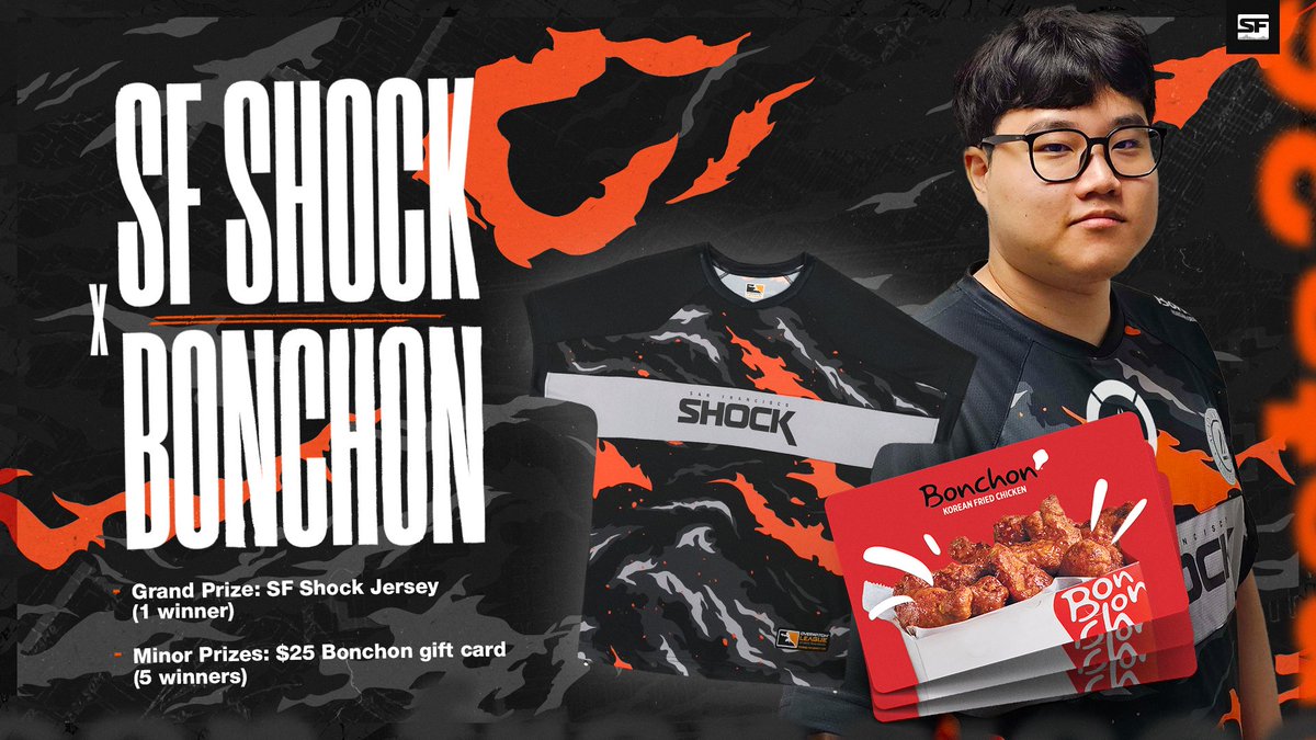 SFShock's tweet photo. 🍗 ARE YOU READY TO CRUNCH OUT LOUD? 🍗
 
We're partnering with @BonchonChicken to give away five $25 gift cards, and a Shock jersey to one lucky winner!
 
To enter:
🐔 Follow @SFShock &amp; @BonchonChicken
🐔 Like + RT this post
🐔 Tag a friend who's craving chicken https://t.co/AzD7kGjp8x