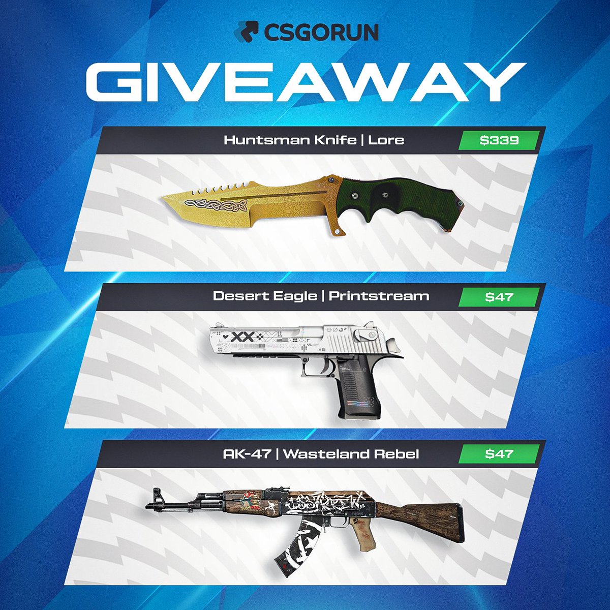 CSGOhistories's tweet photo. 🔸Huntsman Knife | Lore🔸
🔸Desert Eagle | Printstream🔸
🔸AK-47 | Wasteland Rebel 🔸

- RT &amp; Like
- Follow @CSGOhistories &amp; @csgorun_family

⚡Giveaway ends in 7 days!
#CSGO #CSGOGiveaway https://t.co/S06s9zg4TV
