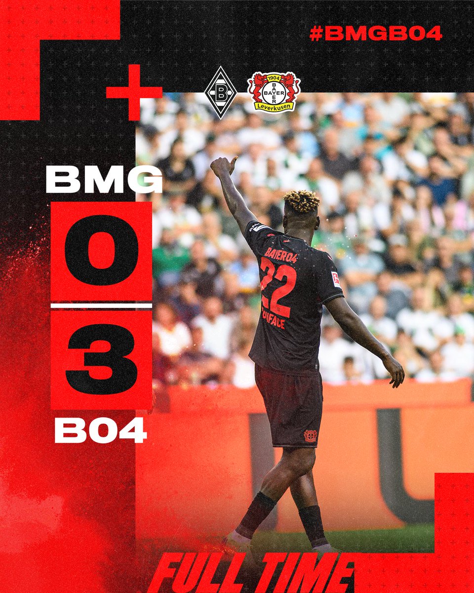 bayer04_en's tweet photo. 𝗙𝘂𝗹𝗹 𝗧𝗶𝗺𝗲 ⏸️

🦁 > 🐎... 

A resounding 𝐕𝐢𝐜𝐭𝐨𝐫y! 💪⚫️🔴

90+3' | 0-3 | #BMGB04  #Bayer04 https://t.co/EP2ED0H4vI