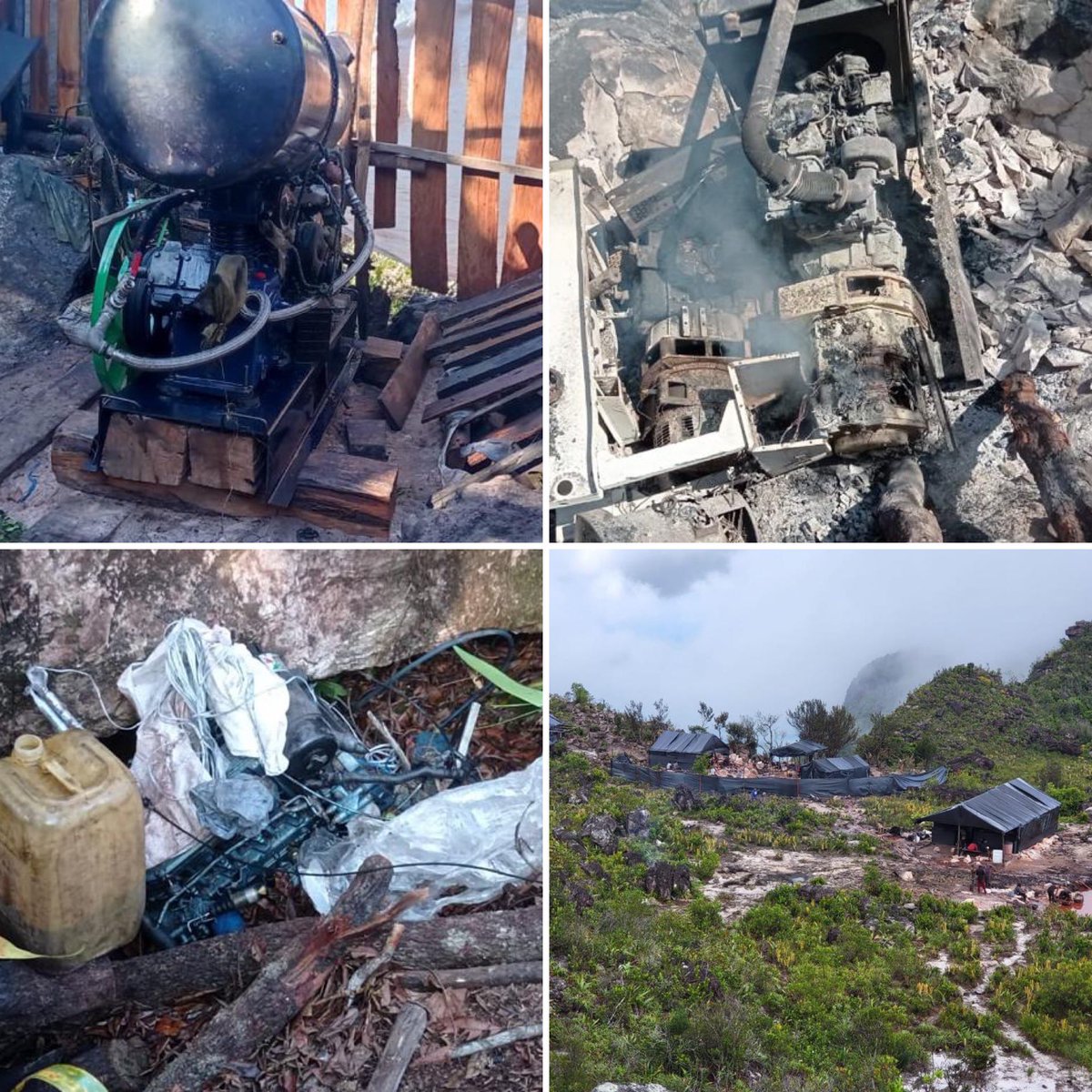 dhernandezlarez's tweet photo. En incursión sobre la cima del Cerro Yapacana, antiguo tepui ancestral de la selva venezolana, #FANB desmantela y destruye ocho (08) minas y más de 350 edificaciones improvisadas, y evacua a más de 950 mineros ilegales, quienes patrocinados desde el departamento de Guainía en Colombia, se dedicaban a la apocalíptica destrucción ecocida, usando mano de obra indígena, criolla y extranjera, sembrando anti valores con la imposición de una cultura de exterminio y socavamiento, destructora del pulmón vegetal de la Patria y del mundo. 

Cientos de artefactos fueron destruidos tales como: Taladros de percusión, explosivos, mangueras de alta presión, plantas eléctricas, plantas compresoras de aire para respiración en cuevas (aire comprimido), topas, sierras eléctricas, máquinas trituradoras de piedra, y docenas de materiales logísticos de depredación de la naturaleza. 

Además fueron localizados 7 túneles de galería, mal llamados gruna, con el andamiaje y artilugios necesarios para socavar y horadar el terreno ancestral.

FANB no permitirá bajo ningún concepto la violación flagrante al ordenamiento jurídico territorial venezolano.
Se hará justicia !

#IntegrarEsVencer