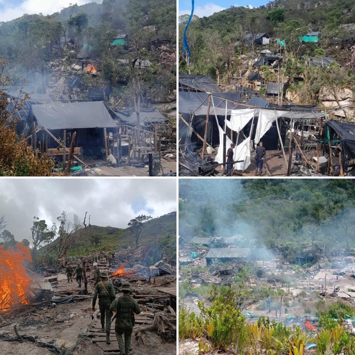 dhernandezlarez's tweet photo. En incursión sobre la cima del Cerro Yapacana, antiguo tepui ancestral de la selva venezolana, #FANB desmantela y destruye ocho (08) minas y más de 350 edificaciones improvisadas, y evacua a más de 950 mineros ilegales, quienes patrocinados desde el departamento de Guainía en Colombia, se dedicaban a la apocalíptica destrucción ecocida, usando mano de obra indígena, criolla y extranjera, sembrando anti valores con la imposición de una cultura de exterminio y socavamiento, destructora del pulmón vegetal de la Patria y del mundo. 

Cientos de artefactos fueron destruidos tales como: Taladros de percusión, explosivos, mangueras de alta presión, plantas eléctricas, plantas compresoras de aire para respiración en cuevas (aire comprimido), topas, sierras eléctricas, máquinas trituradoras de piedra, y docenas de materiales logísticos de depredación de la naturaleza. 

Además fueron localizados 7 túneles de galería, mal llamados gruna, con el andamiaje y artilugios necesarios para socavar y horadar el terreno ancestral.

FANB no permitirá bajo ningún concepto la violación flagrante al ordenamiento jurídico territorial venezolano.
Se hará justicia !

#IntegrarEsVencer