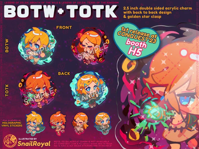 SnailRoyal's tweet photo. ☀️GOOD MORNING!!!

Pickup Pre-Orders for cosmania 2023 will close in:
⏰5 DAYS! (i'm sorry it's so quick i know) 

Other merch items are also available in the form
- BOTW x TOTK Charms 
- NIJI &amp; HOLO Charms + Giant Stickers
- and more 🤡 https://t.co/i4CZGeLQvg