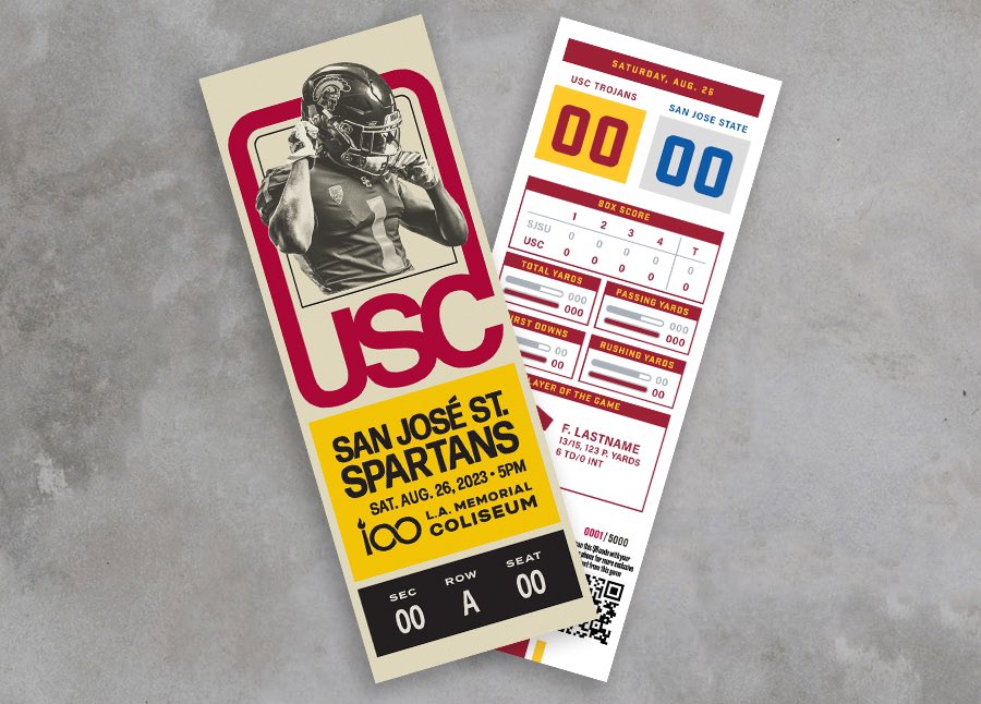 stub_e's tweet photo. ✌️@uscfb kicks off tonight to celebrate 100 years of the @lacoliseum 🏟️

🎟️ Celebrate with the official commemorative tickets for the 2023 season only @stub_e 

#usc #uscfootball #trojans #lacoliseum #tickets #ticketstubs https://t.co/uc7rmw4e12