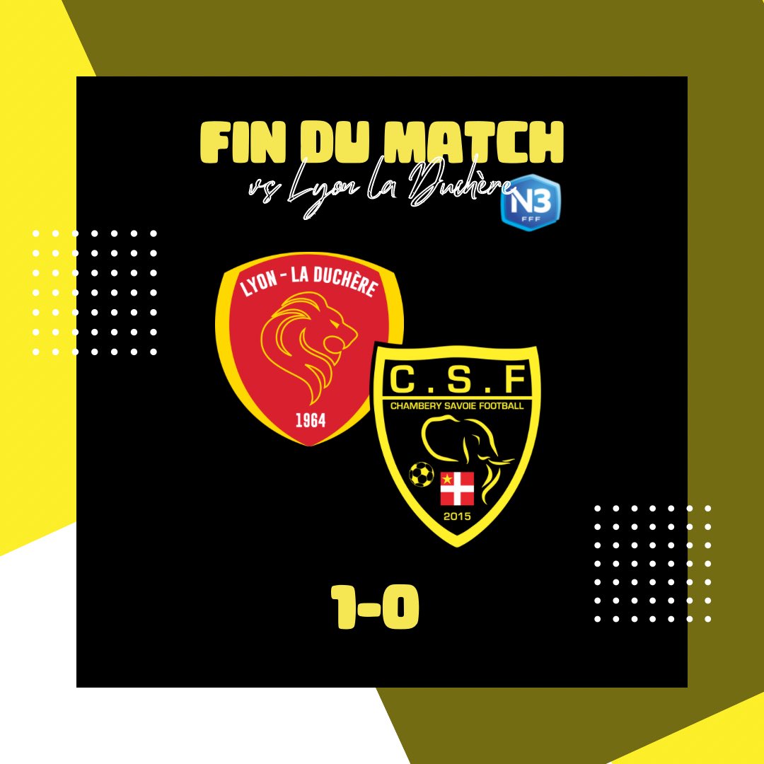 #National3

𝑭𝒊𝒏 𝒅𝒖 𝒎𝒂𝒕𝒄𝒉 ⏱️

Nos chambériens s’inclinent dans ce match face à <a href="/LyonLaDuchere/">Lyon - La Duchère</a>. 
Malgré un tout autre visage proposé en seconde période, les joueurs n’auront pas pu rattraper le score après avoir encaissé un but très tôt dans la partie (11ème). 

#TeamCSF