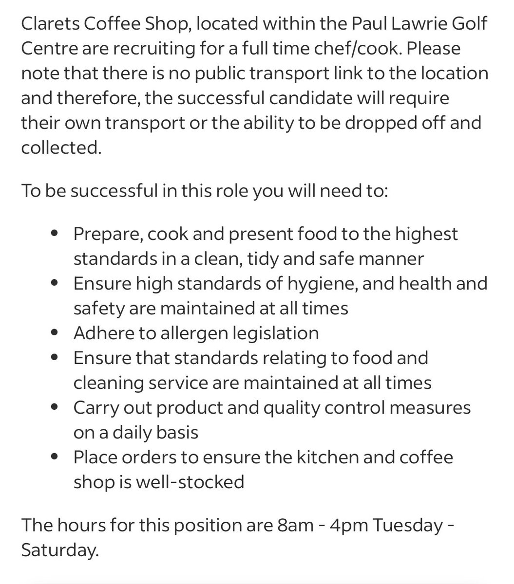 Vacancy at Clarets.   Great hours, no evenings