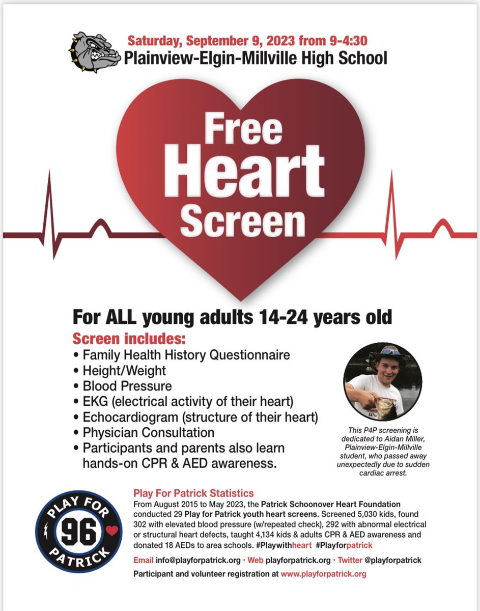 @playforpatrick ❤️screen Saturday September 9 at Plainview-Elgin-Millville High School. Free Heart Screen for kids 14-24. Registration information below. #playwithheart #playforpatrick