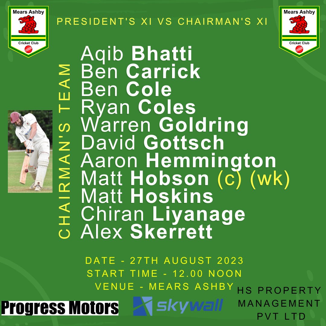 The teams for tomorrow's President's Day game.  If you are around please head up to the club to enjoy the day with us.

#MACC