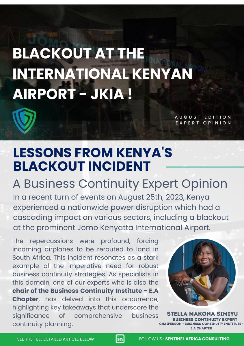 SentinelAfrica's tweet photo. Blackout at the prominent JKIA Airport! Lessons from Kenya's Blackout Incident - A Business Continuity Expert opinion -   Could this have been avoided? Read more  on the KPLC #blackout at JKIA here https://t.co/OzsBn6REgO… 
#kplc #blackout #jkia #BusinessContinuity https://t.co/IpJWrYtkrn