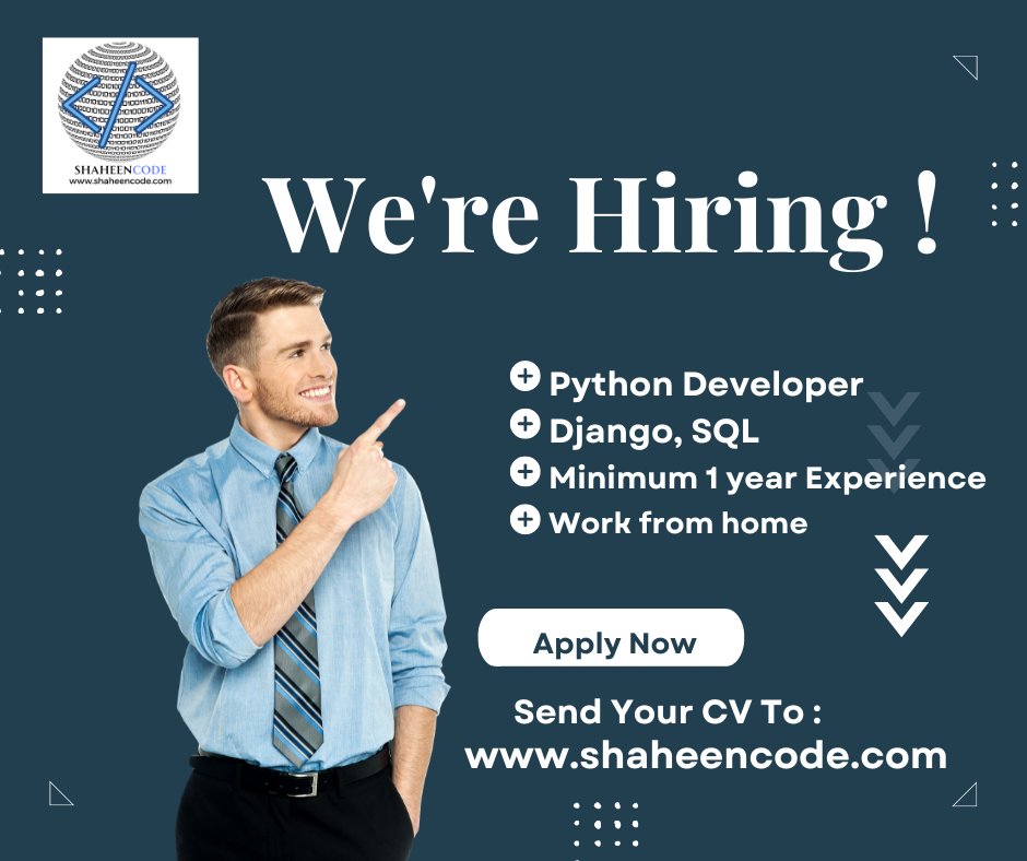 shaheencode's tweet image. Job Title: Python Developer - Django, SQL
Requirements:
1+ year of Python development experience
Proficiency in Django and SQL
Work from home
How to Apply: Send your resume to info.shaheencode@gmail.com
#hiring #python #django #pythonjobs #developer