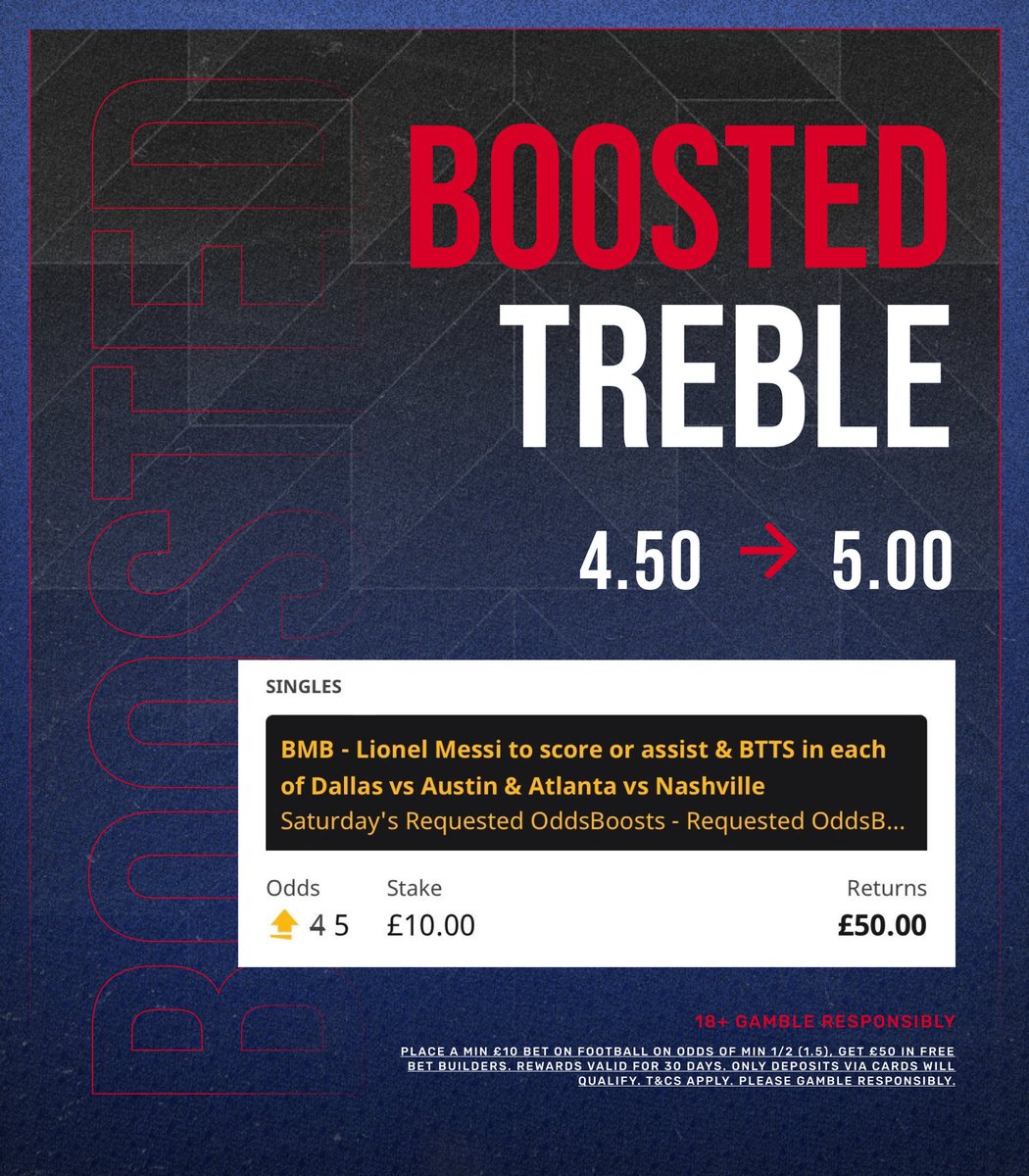 BadManBetting's tweet photo. 🇺🇸 MLS treble. Will we wake up to a boom? 

📌 Load it here: https://t.co/aeT5bc4FBe

Join Betfair, place £10 on the treble and you’ll get £50 in free bet builders. 

👉 Here: https://t.co/x1TVYWgowu

Hopefully the GOAT can bring us a winner. 

18+, Gamble Responsibly, Ad. https://t.co/5CW0eJoqzu