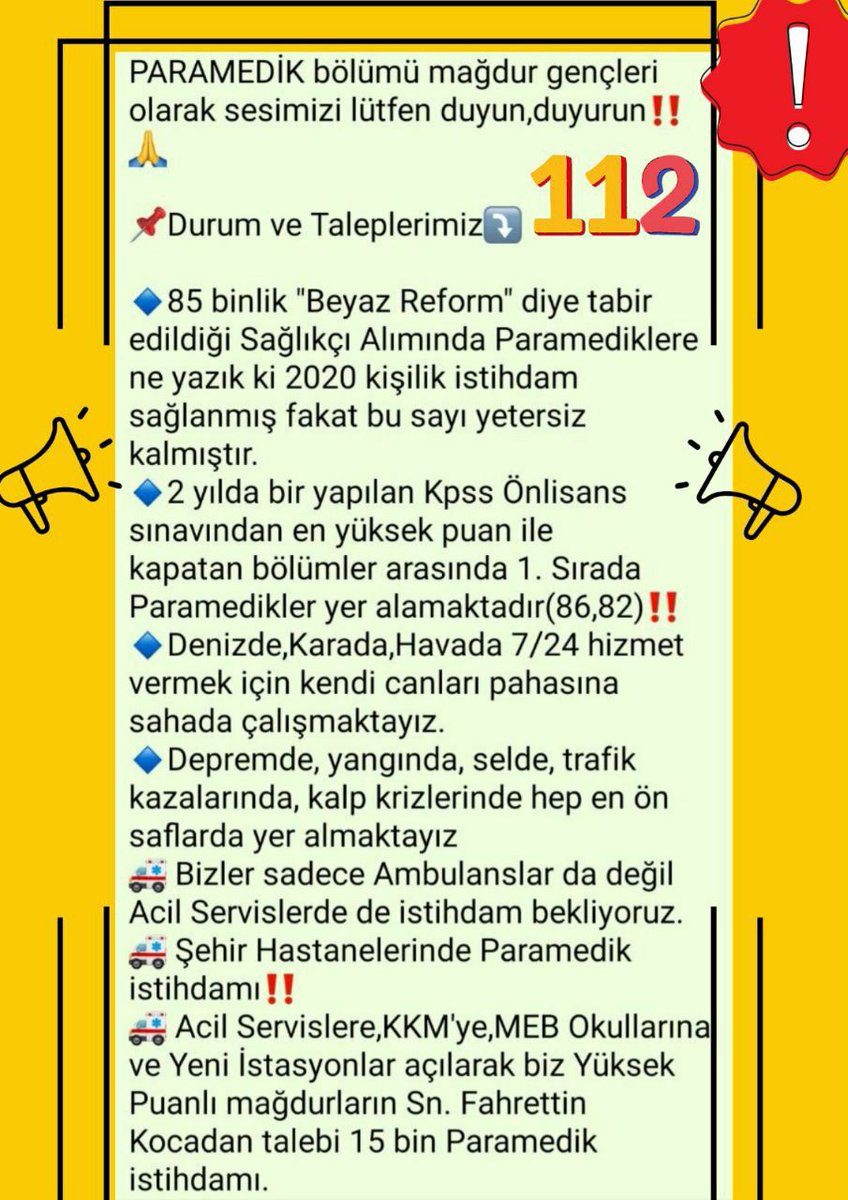 <a href="/drfahrettinkoca/">Dr. Fahrettin Koca</a> Paramedikler olarak hak ettigimiz sayıyı istiyoruz 108k mezun işsiz var her türlü zor şartlarda çalışan 112 personelleri acillerde istihdam bekliyor mezun sayısının %10u kadar atama talep ediyoruz <a href="/drfahrettinkoca/">Dr. Fahrettin Koca</a>