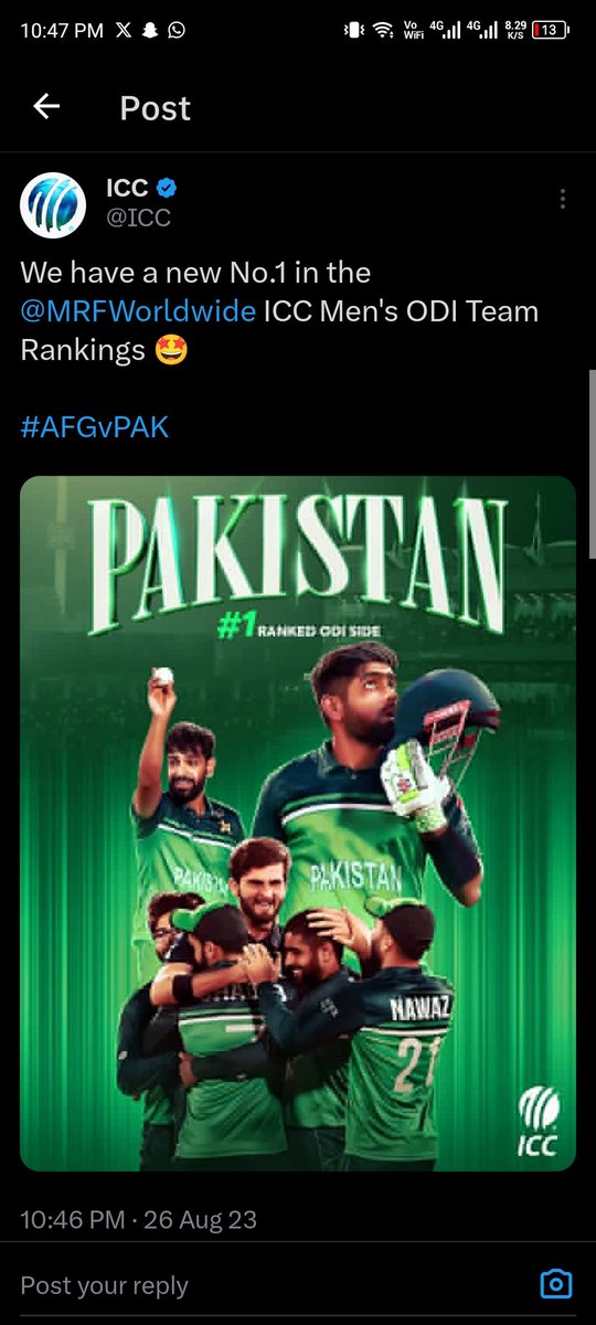 DurraniAbu's tweet photo. April 2023: Pakistan become the No. 1 ODI team for the first time under Babar after going 4-0 up against New Zealand 
August 2023: Pakistan become the No. 1 ODI team under Babar once again after defeating Afghanistan 3-0
Alhamdullilah for Babar Azam! What a team and what a leader https://t.co/hHGaCcVLaT