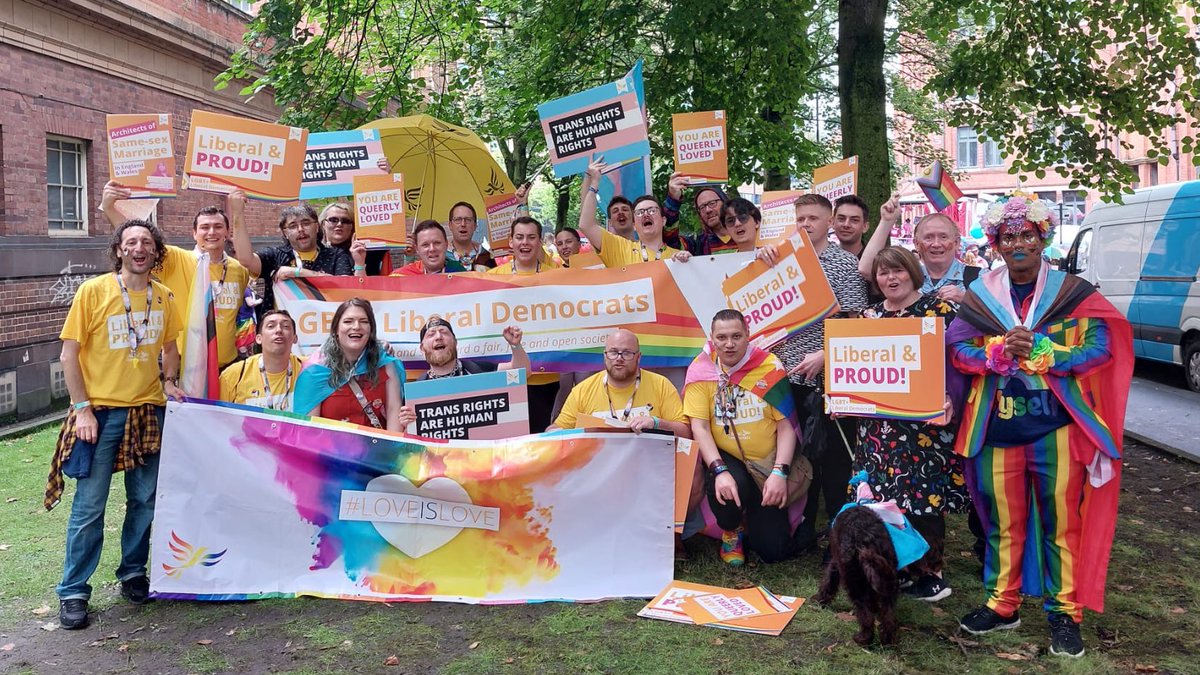 LGBTLD's tweet photo. Today, we marched for our #LGBTQ+ community in #Manchester, proudly embracing the 'Queerly Beloved' theme.
A decade since the @libdems and @lfeatherstone secured same-sex marriage in England and Wales, we continue to stand #LiberalAndProud for our communities. #ManchesterPride https://t.co/xgZeecrXNu