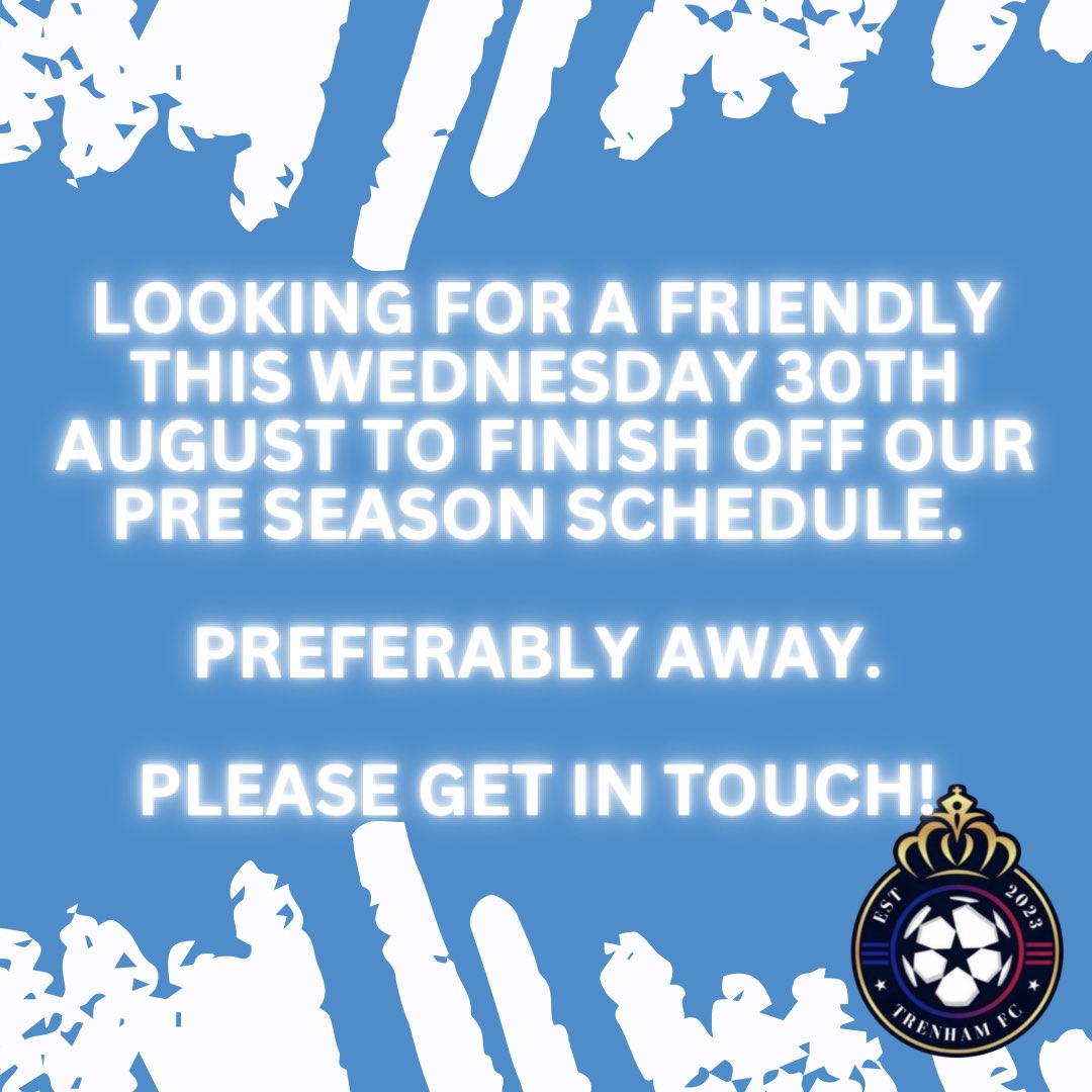 TrenhamFC (@trenham_fc) on Twitter photo Looking for a FRIENDLY this WEDNESDAY 30th AUGUST preferably away. PLEASE GET IN TOUCH. Thank you. <a href="/GrassrootsFFUK/">Grassroots Friendly Finder</a> <a href="/fffinderuk/">football Friendly finder</a> <a href="/FRIENDLYGAMEUK/">Friendly Game</a> #friendly Looking for a FRIENDLY this WEDNESDAY 30th AUGUST preferably away. PLEASE GET IN TOUCH. Thank you. <a href="/GrassrootsFFUK/">Grassroots Friendly Finder</a> <a href="/fffinderuk/">football Friendly finder</a> <a href="/FRIENDLYGAMEUK/">Friendly Game</a> #friendly