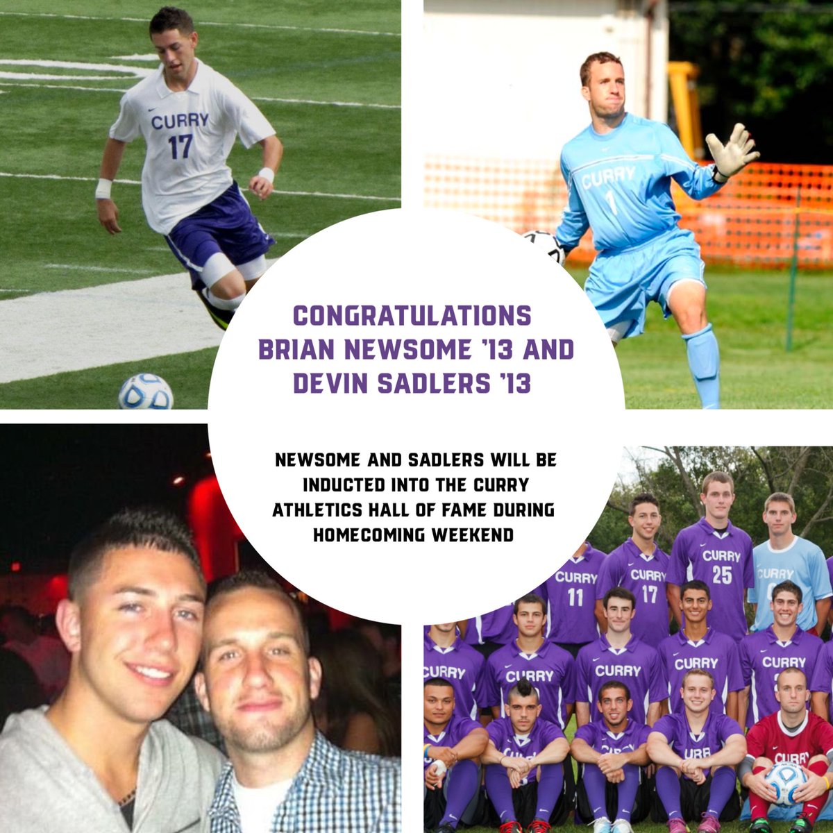 CurrySoccer's tweet photo. Congratulations to class of 2013 teammates Brian Newsome and Devin Sadlers who will be inducted into the Curry College Athletics Hall of Fame during Homecoming Weekend on October 21st! #bleedpurple #hofbound https://t.co/wlz0RG9KWh