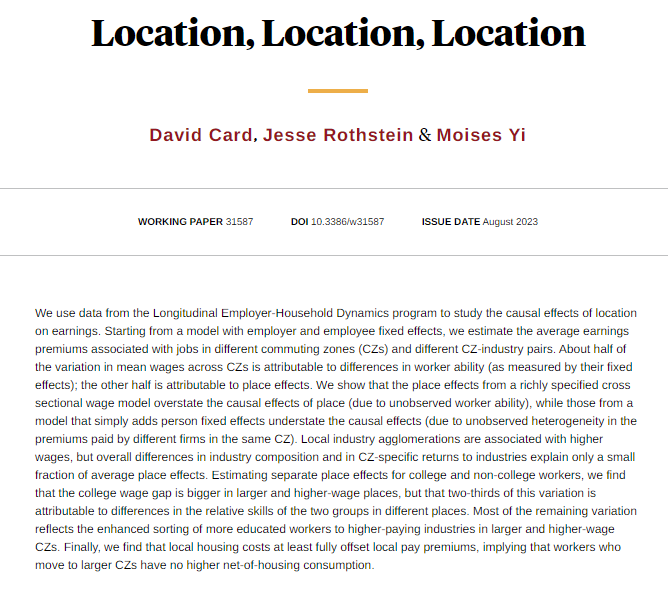 Causal effects of places on earnings are large. Worker skills are higher in high-wage places. Industry composition explains little of the variation in place effects, from David Card, @rothstein_jesse, and <a href="/MoisesYi3/">Moises Yi</a> nber.org/papers/w31587