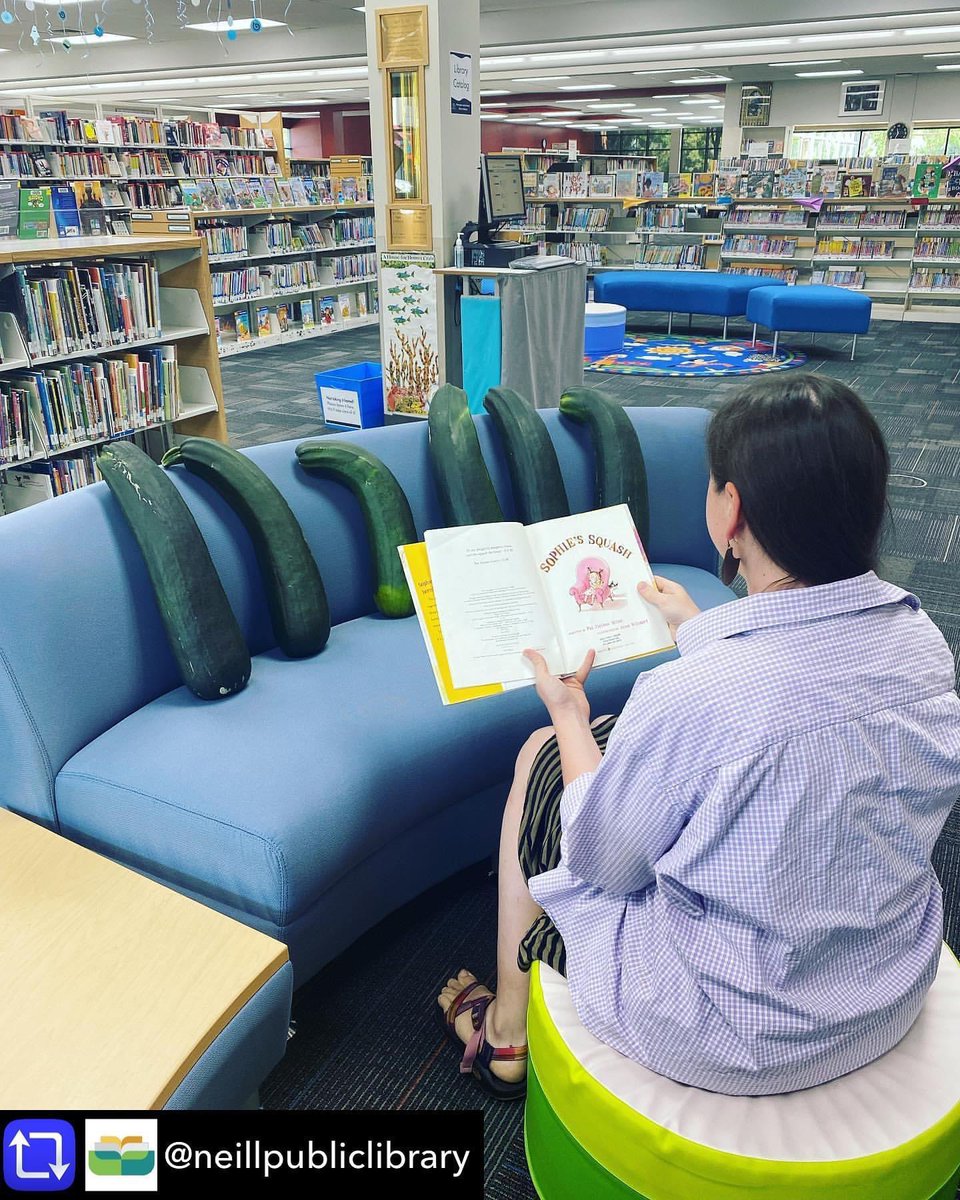 PatZMiller's tweet photo. Do you have too many zucchini? are they large enough to have achieved sentience? Then read them SOPHIE’S SQUASH like this @Neill_Library storyteller. Everyone should see themselves on the page. #SophiesSquash https://t.co/bJdHABQrdJ