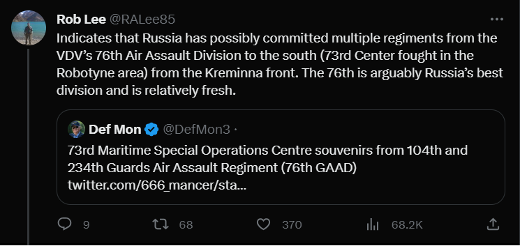 🧵Robotyne-Tokmak axis update: 1/ Yesterday, I discussed Russian reinforcements and reserves in the South, but didn't mention them specifically. Today, it's safe to say that I was referring to the movement of units from the 76th Guards Air Assault Division from the North-East