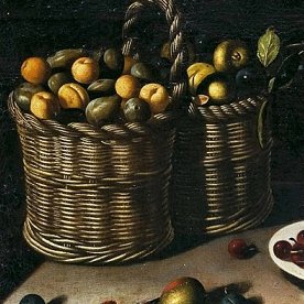 No suele ser habitual, ver,  en la pintura de bodegones, cestas dobles de mimbre .

🎨Detalle de un bodegón de Juan van der Hamen .