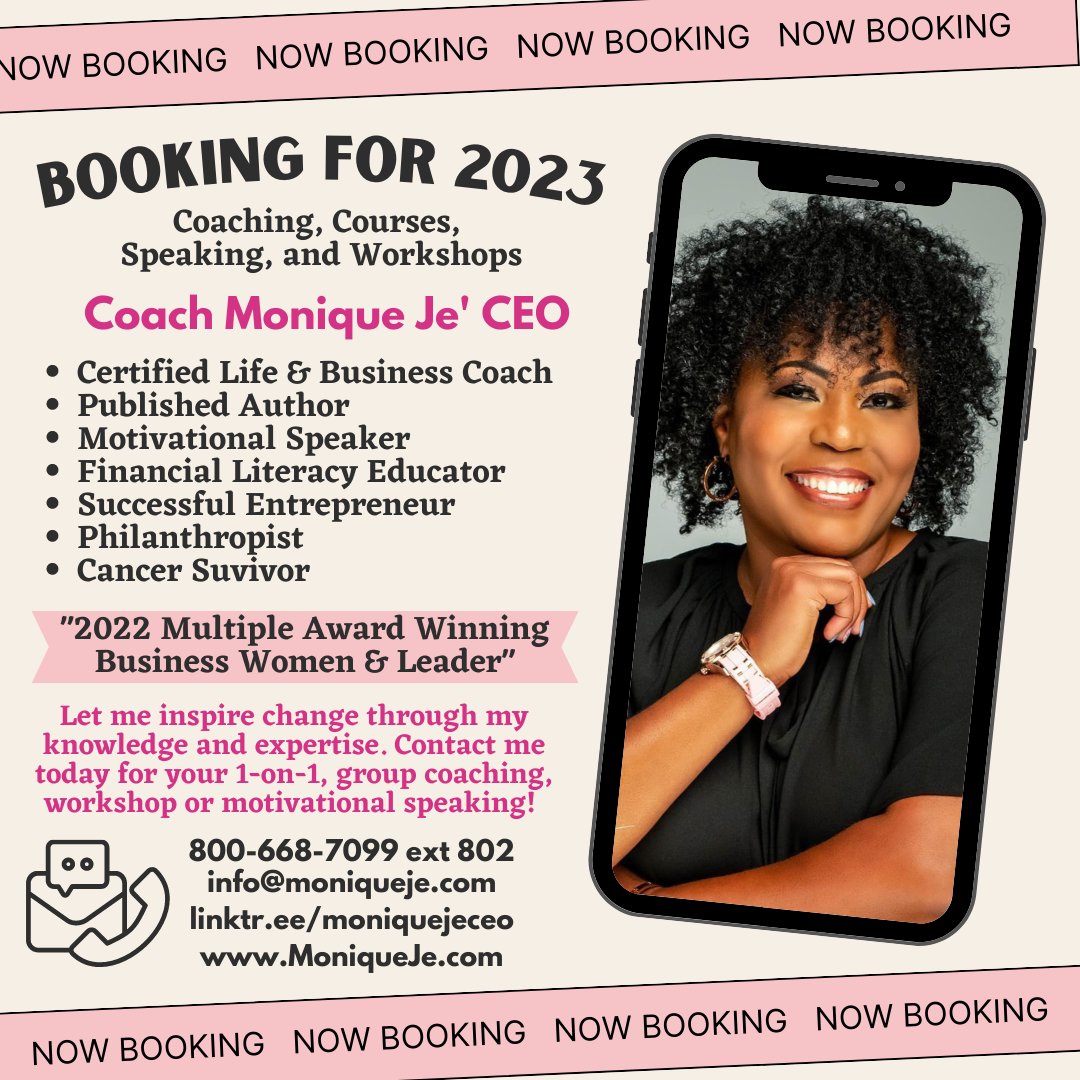 MoniqueJeCeo's tweet photo. Online coaching, in-person &amp; virtual group workshops, and speaking engagements are NOW OPEN and AVAILABLE for Booking in 2023. My speaking and coaching is like no other. Raw, Real, Relatable &amp; Resourceful! Contact the link and book me today! https://t.co/J6bR9lJQM5 #author #coach https://t.co/n2cXb52OKC