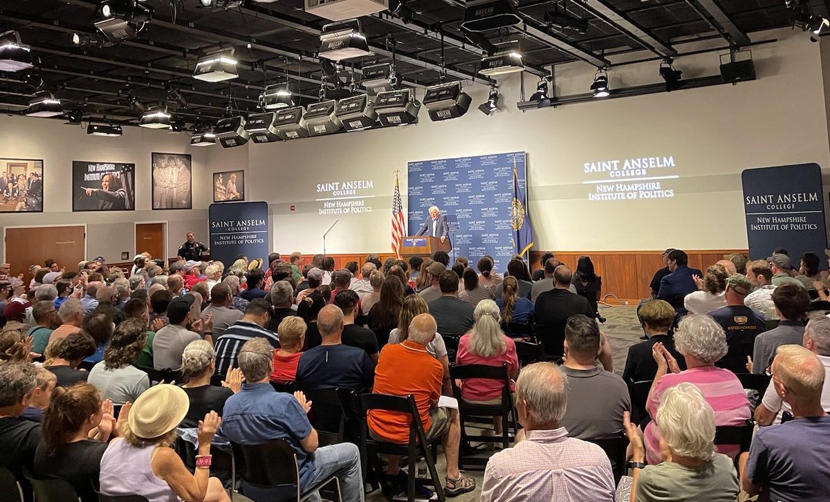 Thank you to Saint Anselm College and New Hampshire Democrats for today’s record crowd at @nhiop. Together we can take on powerful interests and build a future that creates a just and democratic society based on love and compassion.