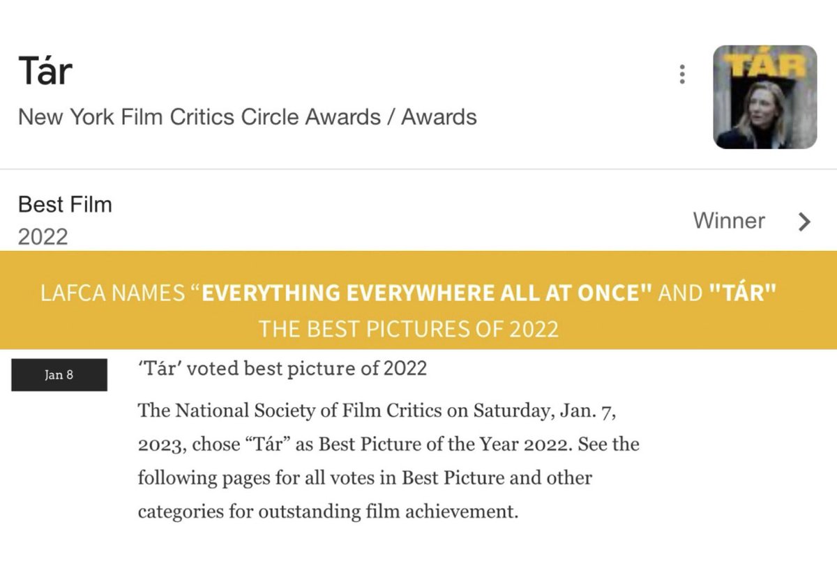 TÁR is a critics darling! fipresci grand prix 2023 finalist, topped indiewire’s 2022 critics poll, won 2022’s best film from the film critics trifecta