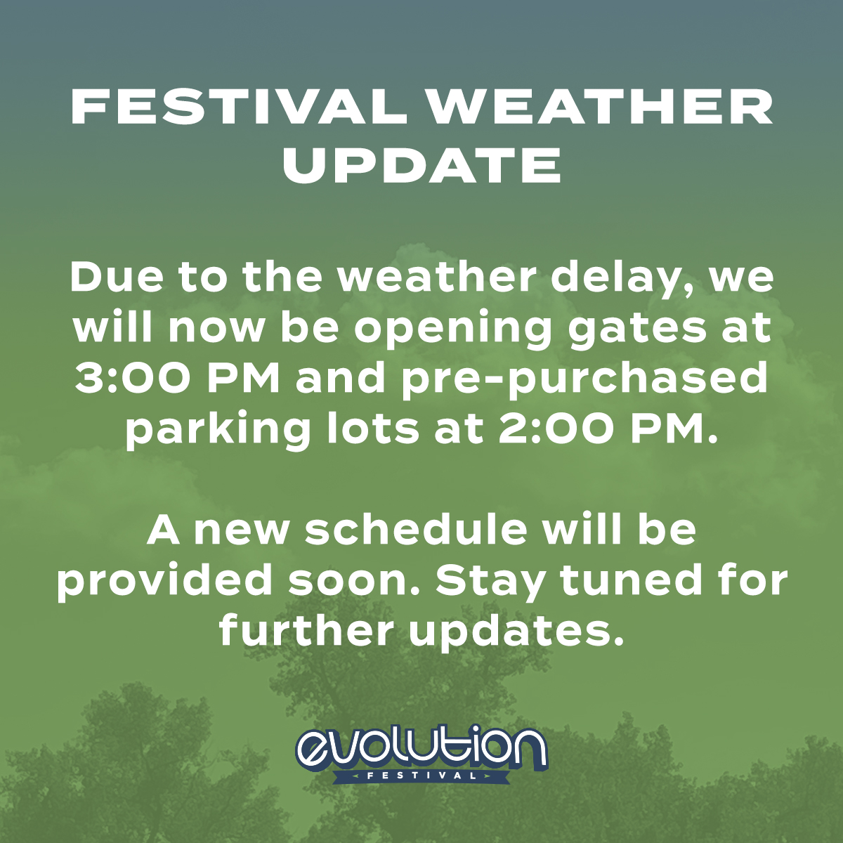 Due to the weather delay, we will now be opening gates at 3:00 PM and pre-purchased parking lots at 2:00 PM.

A new schedule will be provided soon. Stay tuned for further updates.