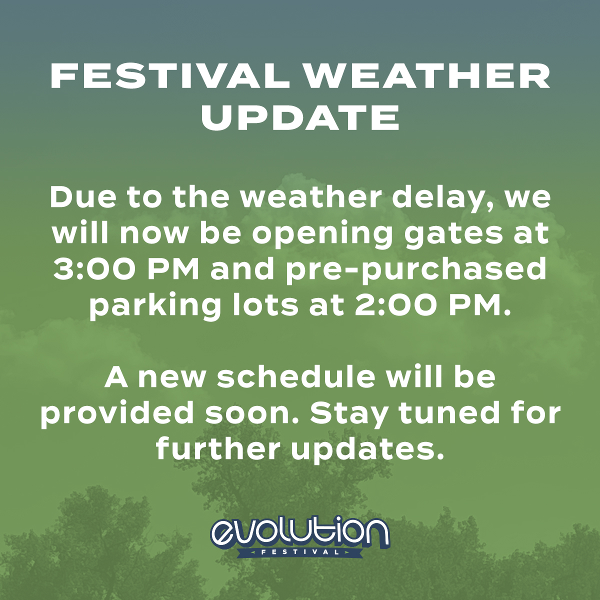 Due to the weather delay, we will now be opening gates at 3:00 PM and pre-purchased parking lots at 2:00 PM. A new schedule will be provided soon. Stay tuned for further updates.