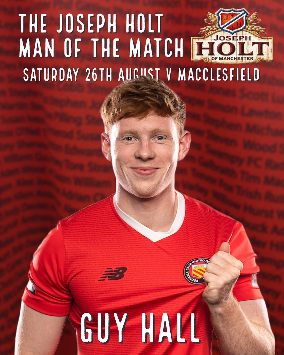 🍾 Man of the Match: Macclesfield 

Left back <a href="/GuyHall3/">Guy Hall</a> put in a powerhouse performance down that left side in defence and attack, helping clinch the points and he is the <a href="/JosephHolt1849/">Joseph Holt Brewery</a> Man of the Match, as  chosen by <a href="/fcumradio/">FC Radio</a> 

Congratulations Guy!👏 

🟥🟥⬜⬛⬜🟥🟥