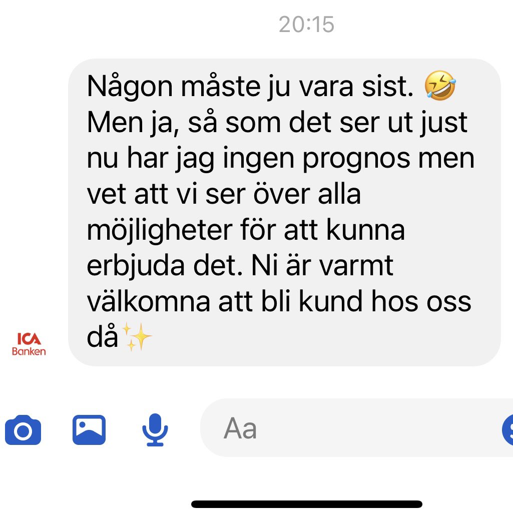 Älskar när en kundtjänst har humor och självdistans. 
Som det här sköna svaret på min fråga om när @ICABankenWebb’s betalkort förväntas gå att koppla till Apple Pay. 😄