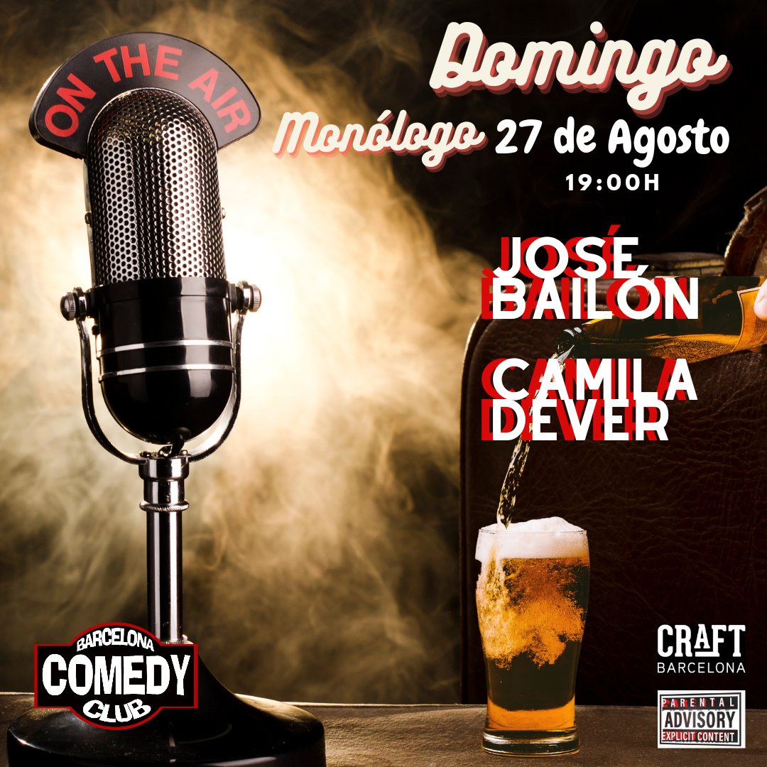 ¡¡DOMINGO TARDE!!
🎙️Monólogos y cerveza🍺
Con <a href="/Jose_bailon/">Jose Bailón</a>
Y Camila Dever!!
El planazo contra el calor, la lluvia y la sosez!!

19H <a href="/Craft_Barcelona/">CB</a> 
C/Paradis 4, Barcelona

🎟️entradium.com/es/events/barc…