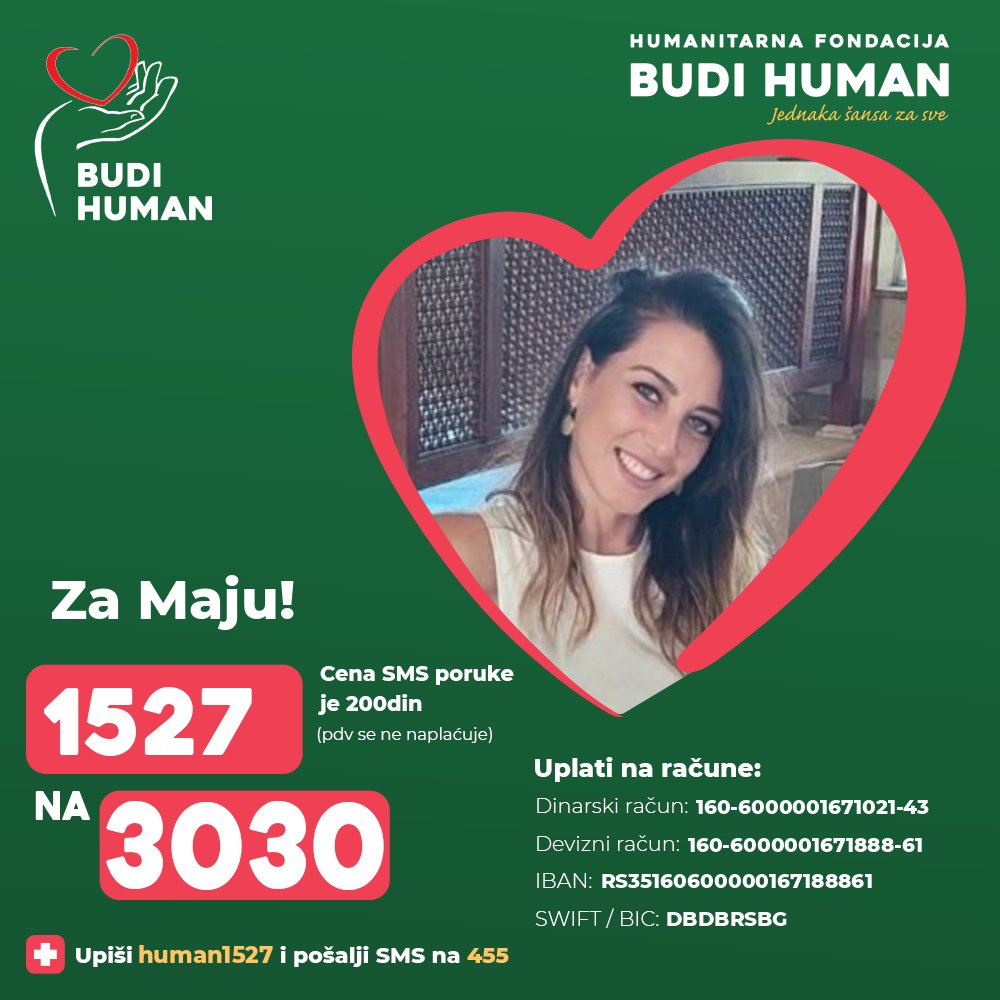 budihuman's tweet photo. Pomozimo Maji!

Upišimo 1527 i pošaljimo SMS na 3030

https://t.co/iMqP0QSeW1

#budihuman #jednakašansazasve https://t.co/MKxbKrSzgW
