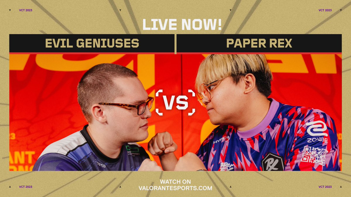 ValorantEsports's tweet photo. ITS TIME! The #VALORANTChampions Grand Final is LIVE! 

Evil Geniuses ⚔️ Paper Rex 

Don't miss a second of it: https://t.co/io2c23u0BL https://t.co/FULq1uK7tj