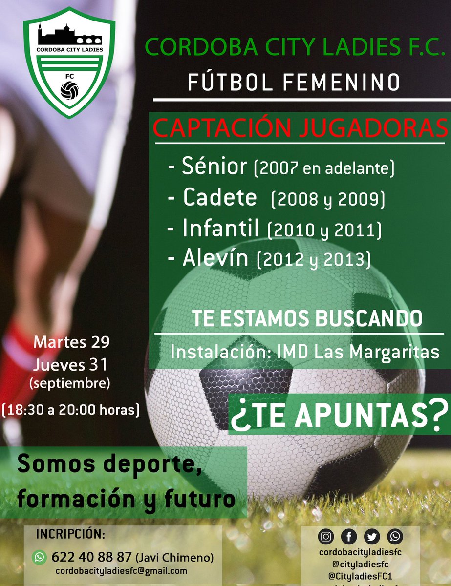 📢 Inicio entrenamientos y Captación 

🗓 Martes 29 y Jueves 31 agosto
🕙 18:30 horas
🏟 IMD Las Margaritas

Somos City somos Ladies 💪⚽️⚽️

Inscripción:

Solicitar asistencia al ☎ de contacto señalado.