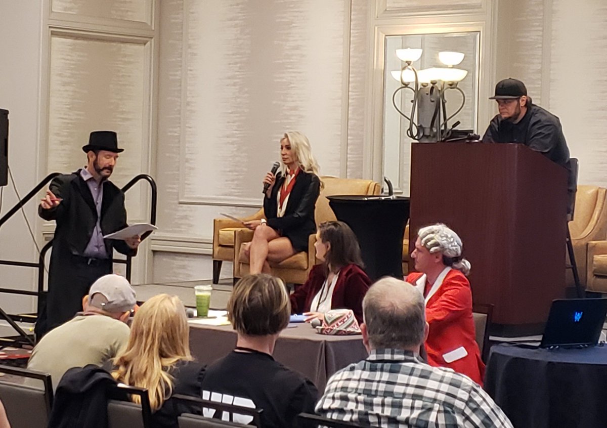 Missy_Mayhem's tweet photo. Watching @defense_diaries holding court in a top hat for The Vanishing of the Mary Celeste trial by jury experience. Also one of the founders at check in thought my my shirt said "Bang the Jury" so I've got that going for me, which is nice. #TCPF23 https://t.co/VTRIzNPwSj