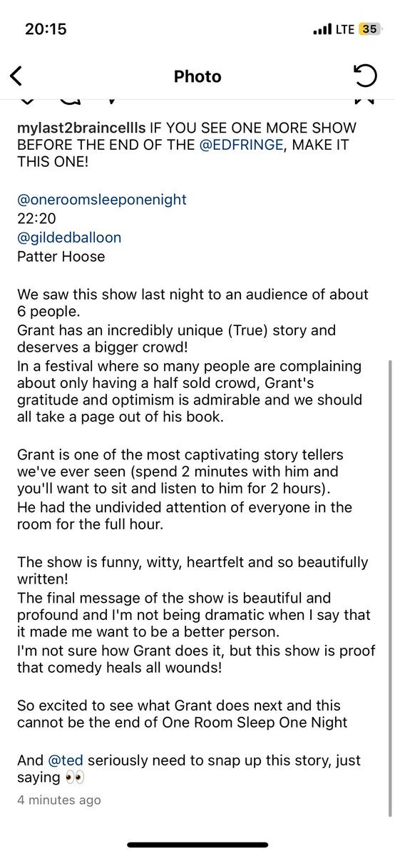 Two more chances to see the show audiences have loved but flew under the radar this year!

“We saw this show last night to an audience of about 6 people.
Grant has an incredibly unique (True) story and deserves a bigger crowd!
In a festival where so many people are complaining