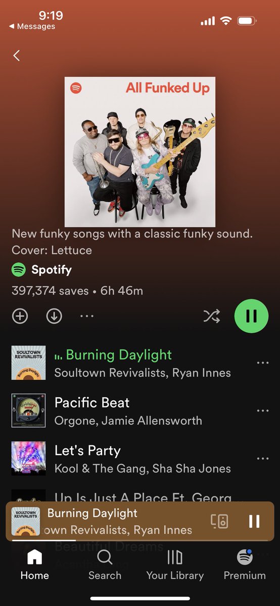 Our latest ⁦@soultownrevival⁩ single, “Burning Daylight,” captures the #1/first slot on this week’s Spotify Funk Playlist. Fun to be in the same company as Kool and the Gang! Take a listen. And visit us at soultownrevivalists.com. 👊for the support! 🎵💛